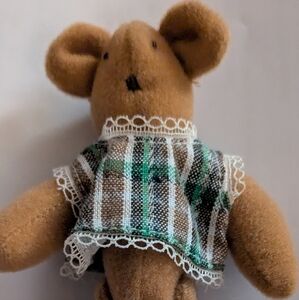 Vintage Tiny Brown Plush Bear with Plaid Outfit